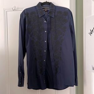 Medium, michael kors men’s button down, navy blue with black embroidered roses